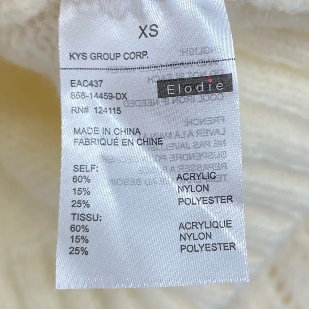 NWOT ELODIE Pointelle Ivory Knit Crew Neck Sweater Size XS Bohemian